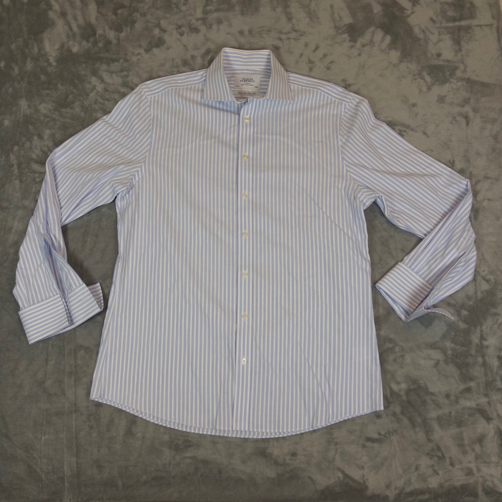 Charles Tyrwhitt Dress Shirt Mens 16/34 Blue White Striped Non Iron Slim Fit